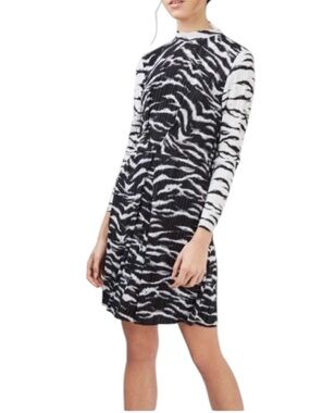 Topshop Zebra Print Plisse Mini Dress Long Sleeve Size 2